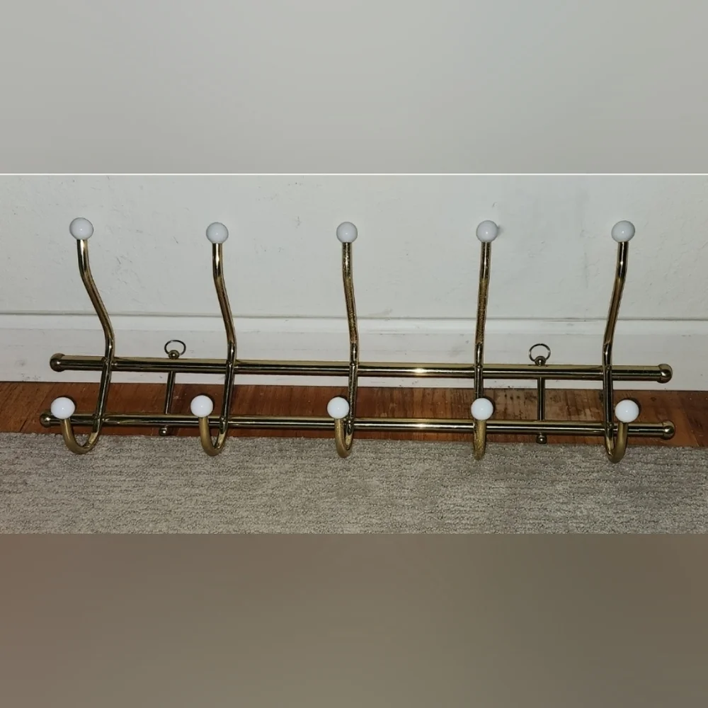 Vintage 1970s Beautiful Gold Brass Wall Mounted Coat Rack Hooks Porcelain Knobs